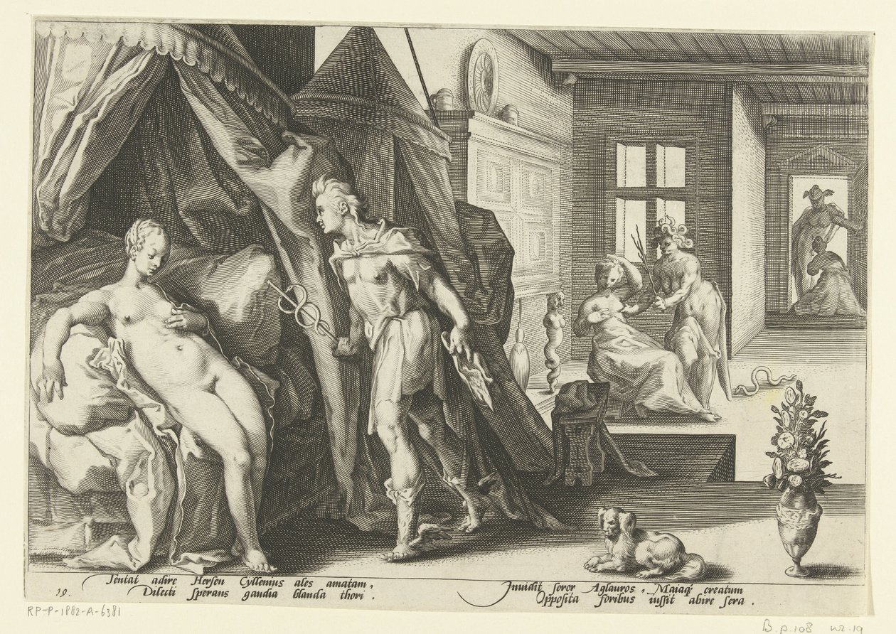Mercurius in Herses kamer door Hendrick Goltzius (workshop of)