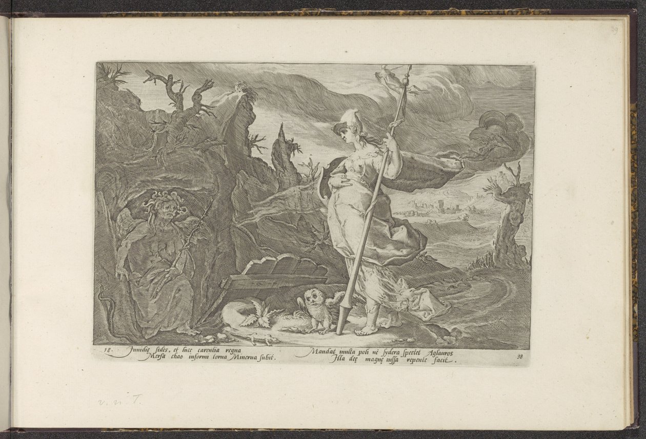 Minerva vraagt Nijd om jaloezie in Aglauros te ontsteken door Hendrick Goltzius (workshop of)