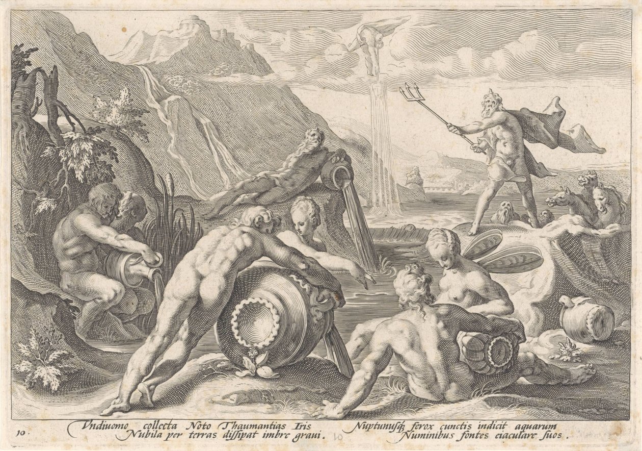 Neptunus geeft de riviergoden opdracht een zondvloed te veroorzaken (serietitel) door Hendrick Goltzius (workshop of)