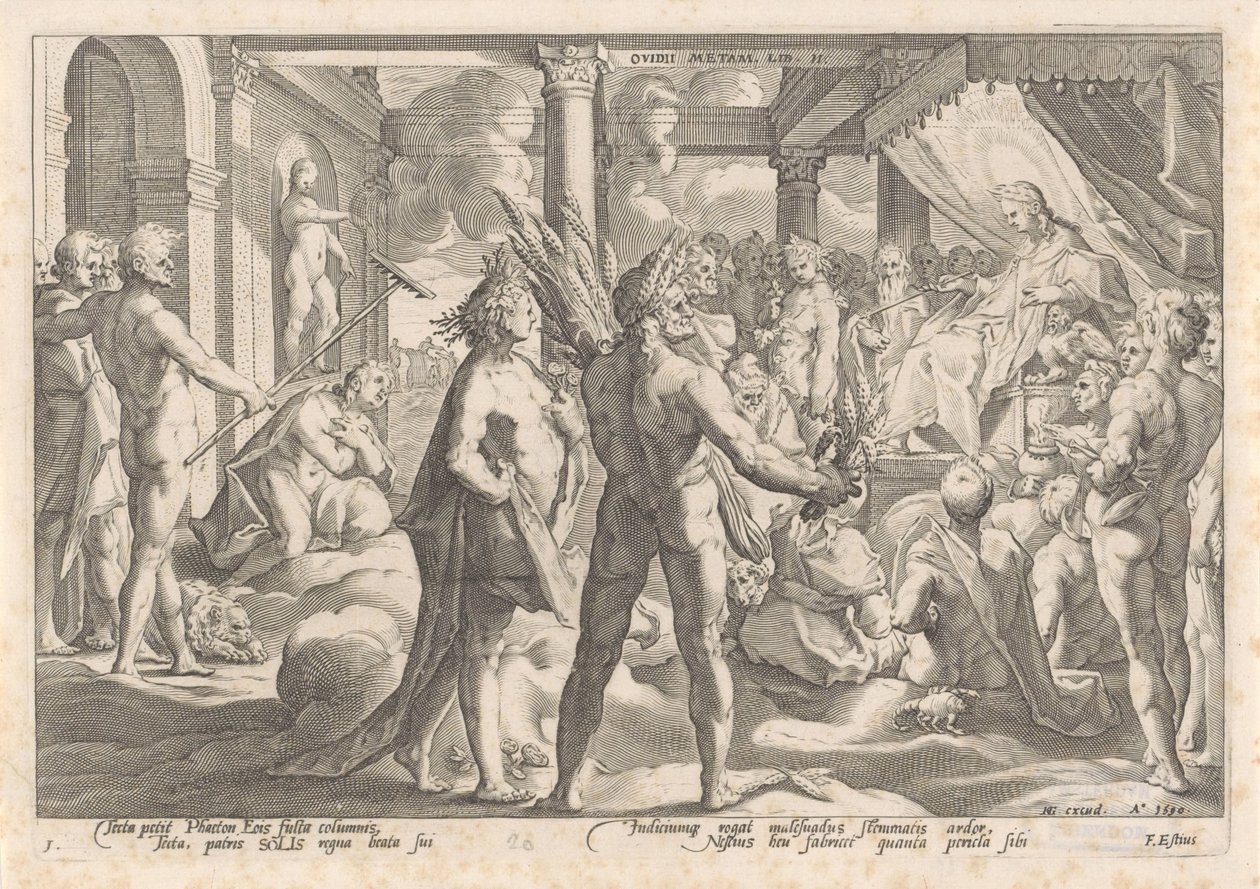 Phaëthon vraagt Apollo of hij in diens wagen mag rijden door Hendrick Goltzius (workshop of)