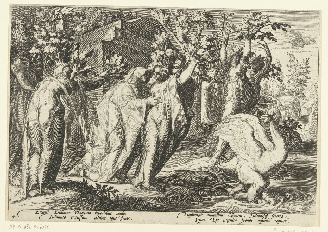 Phaëthons zussen veranderen in populieren en zijn vriend in een zwaan door Hendrick Goltzius (workshop of)