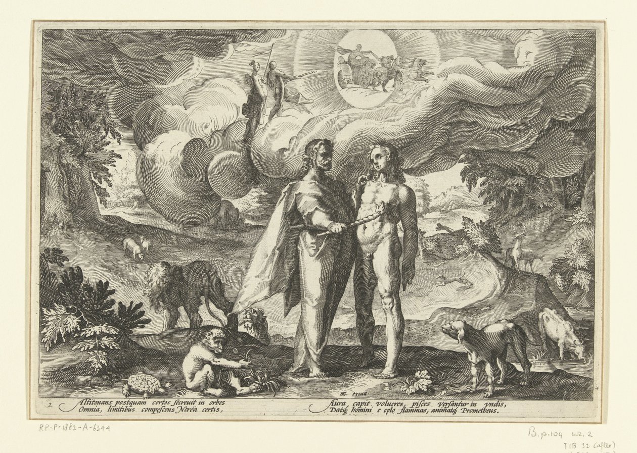Prometheus schenkt de mens het vuur door Hendrick Goltzius (workshop of)