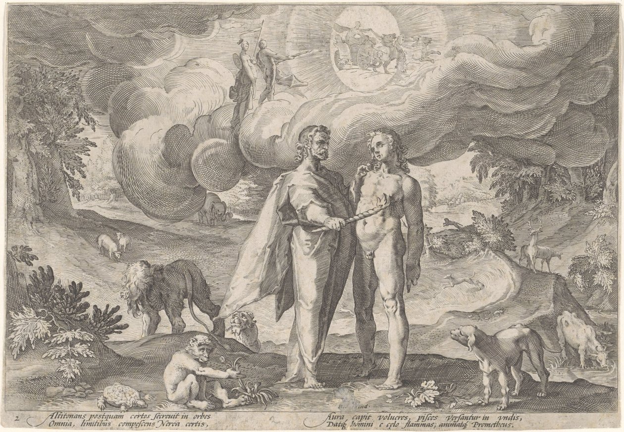 Prometheus schept de eerste mens door Hendrick Goltzius (workshop of)