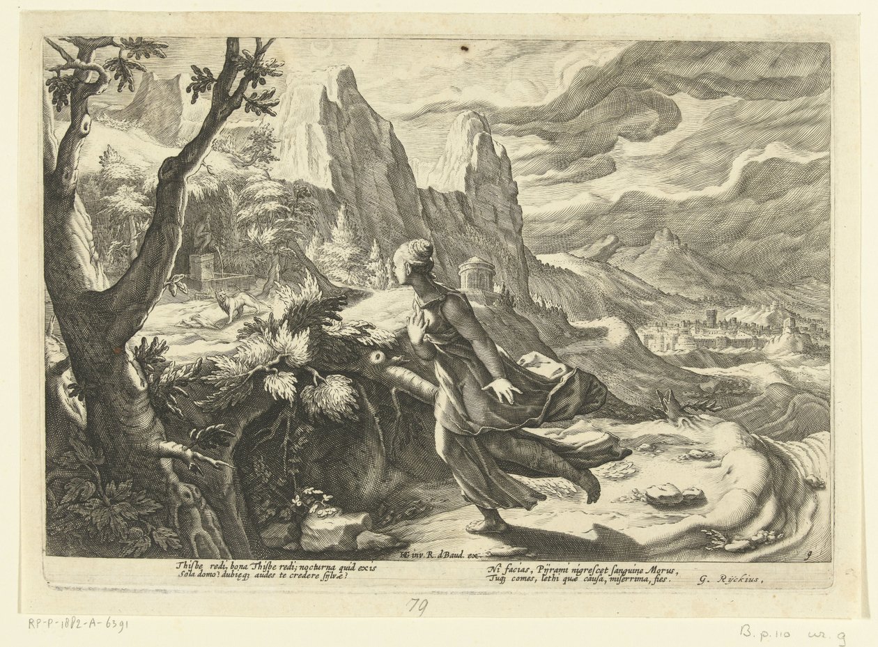 Thisbe vlucht voor een leeuw door Hendrick Goltzius (workshop of)