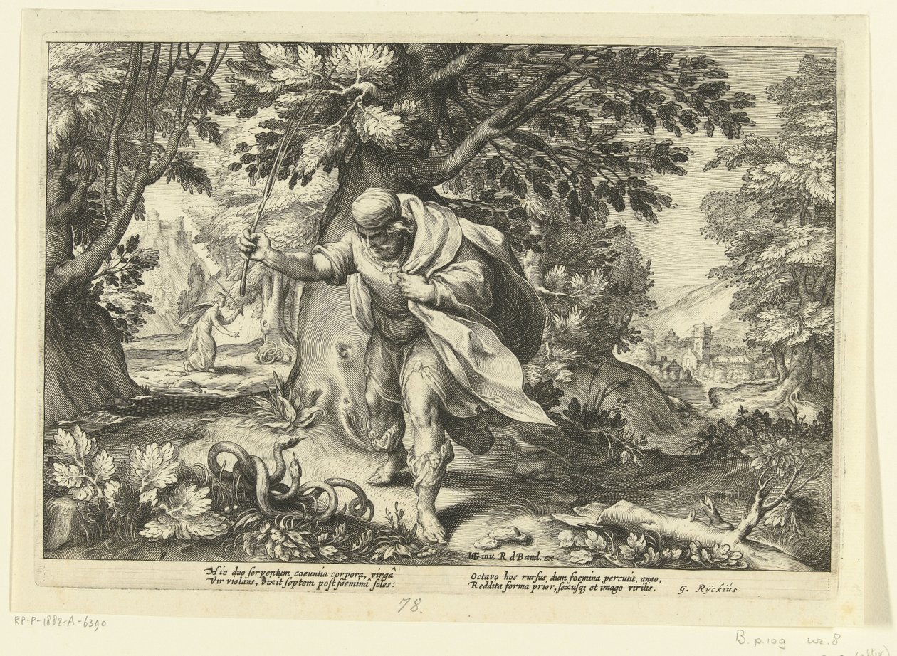 Tiresias slaat twee parende slangen door Hendrick Goltzius (workshop of)