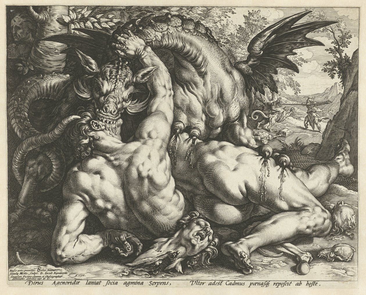 Metgezellen van Cadmus door een draak verslonden door Hendrick Goltzius