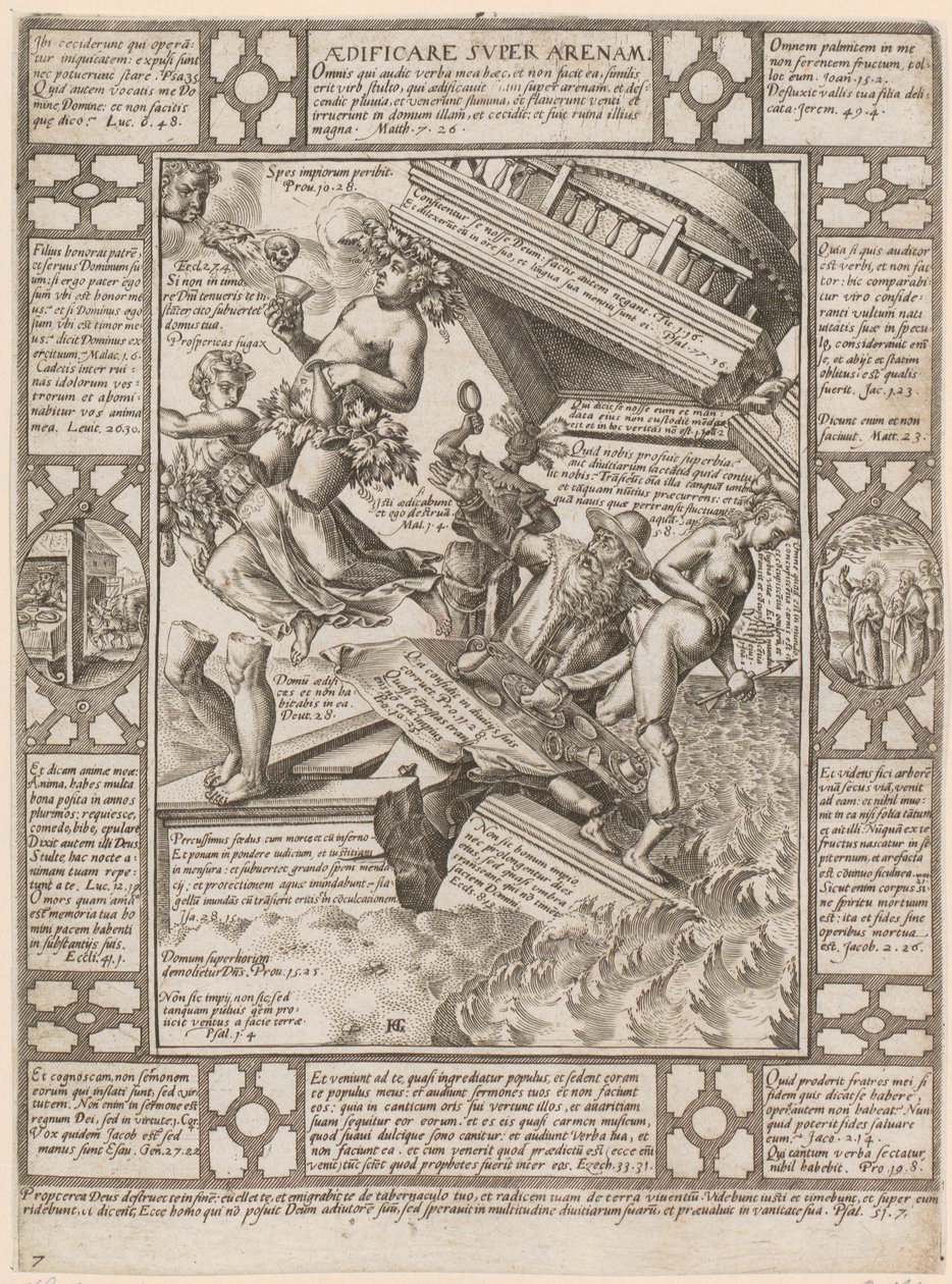 Aedificare super Arenam, blad 7 uit de reeks „Allegorieën van het christelijk geloof” door Hendrick Goltzius