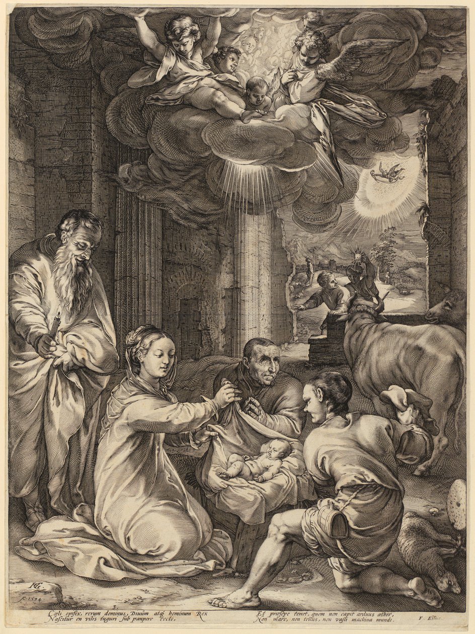 De aanbidding van de herders, blad 2 van de reeks „Het leven van de Maagd Maria” door Hendrick Goltzius