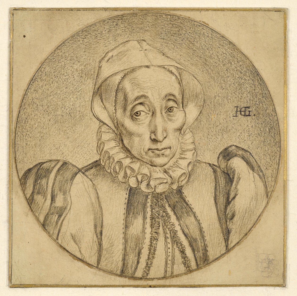 Borstbeeld van een oude dame (Agatha Scholiers) door Hendrick Goltzius