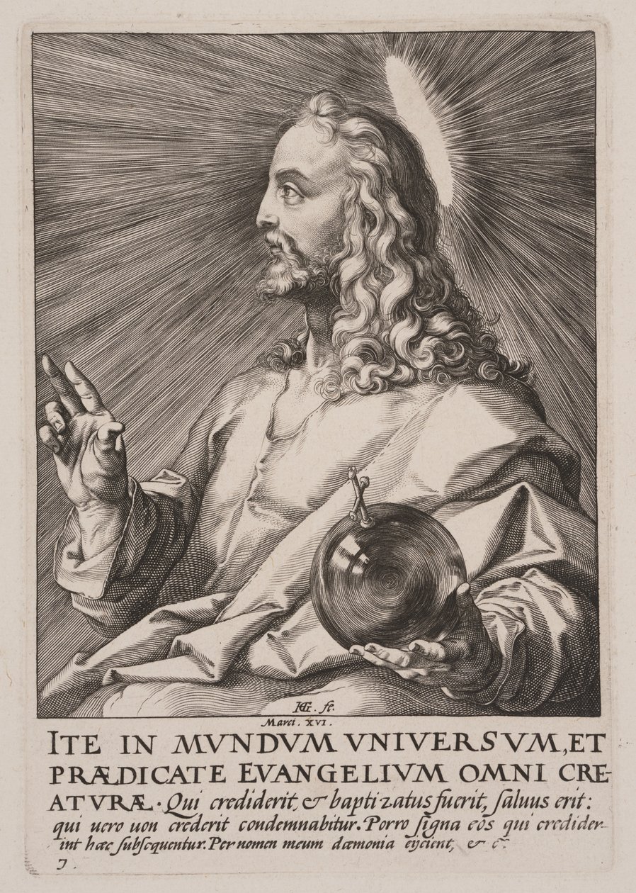 Christus (als Salvator Mundi), van Christus, de Apostelen en Paulus met de Geloofsbelijdenis door Hendrick Goltzius