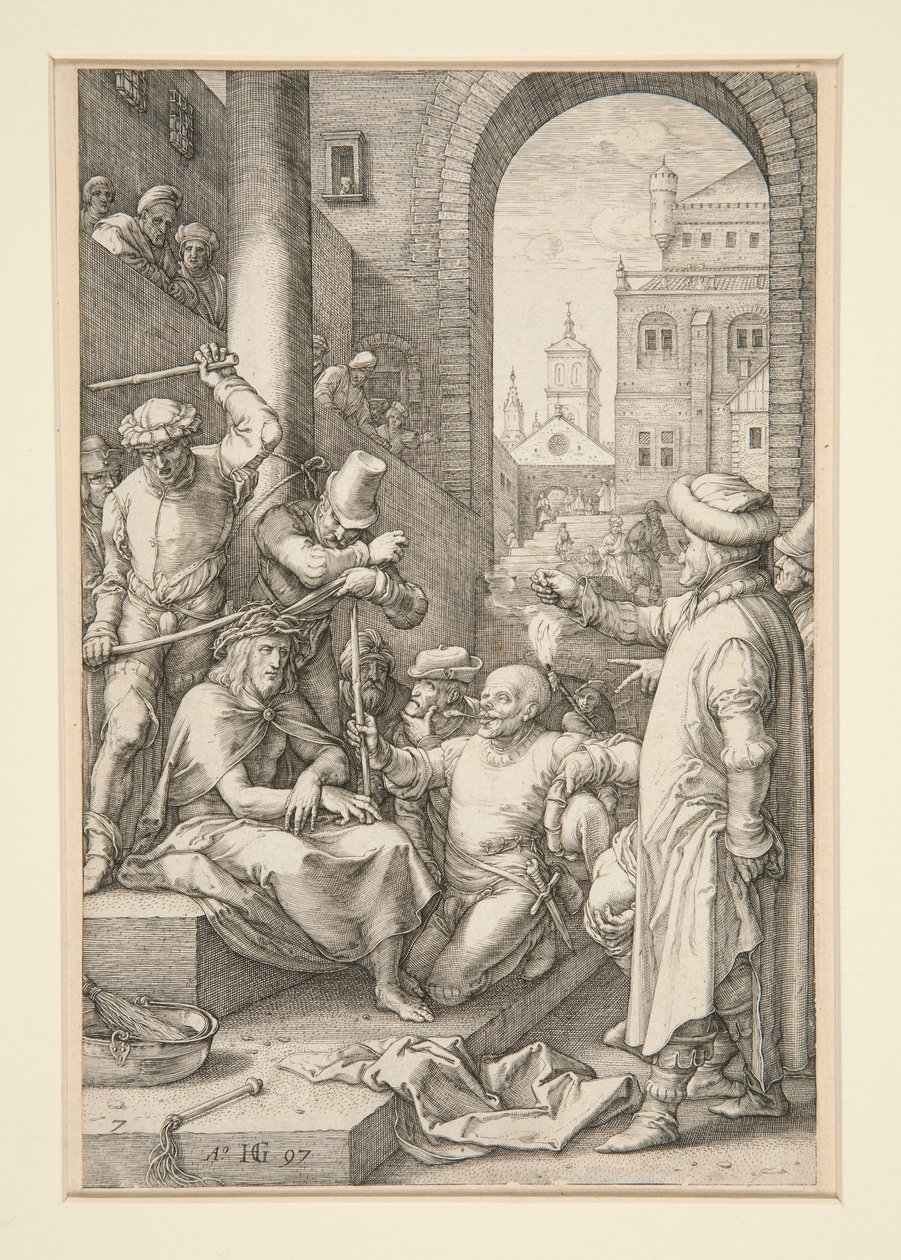 Christus gekroond met doornen, uit De Passie, #7 in een serie van 12 gravures door Hendrick Goltzius