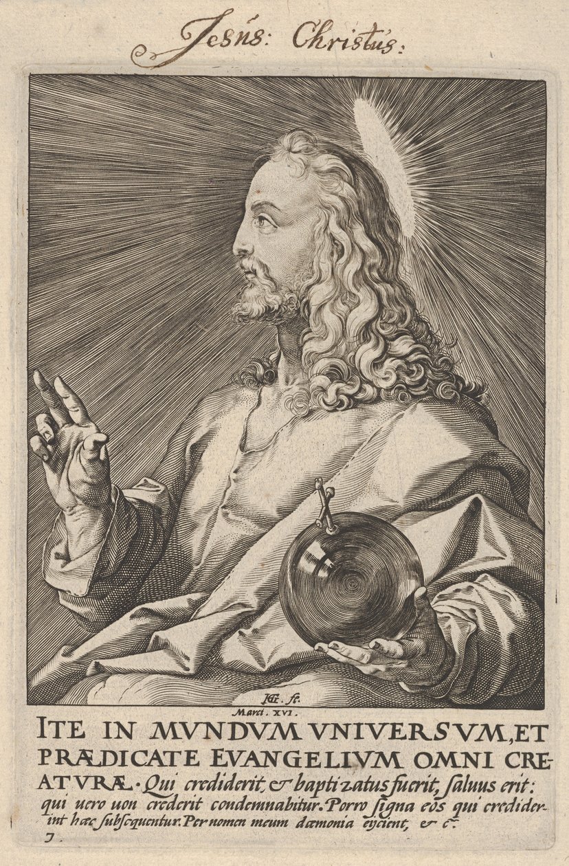 Christus, uit „Christus, de apostelen en de heilige Paulus met de geloofsbelijdenis” door Hendrick Goltzius