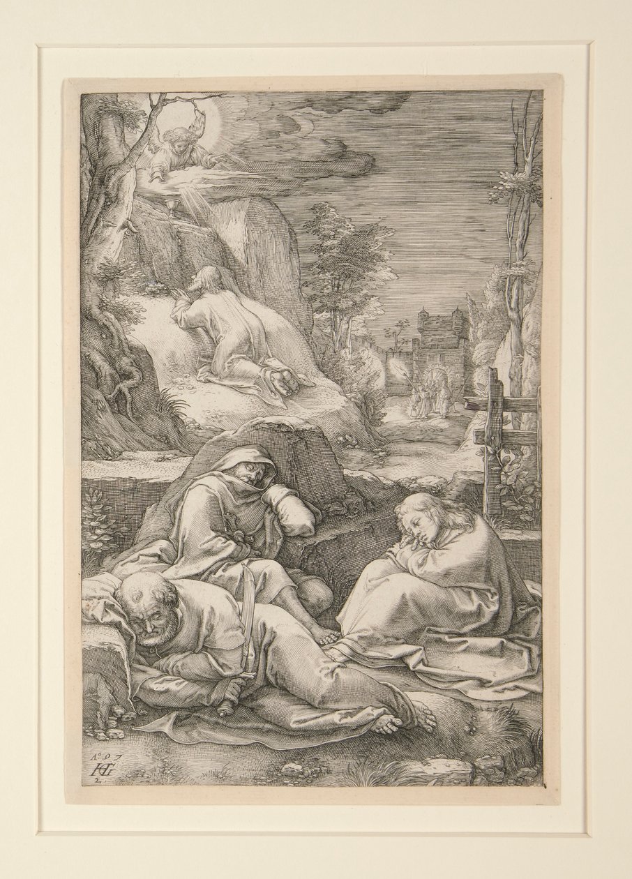 Christus op de Olijfberg (De Agonie in de Tuin), uit De Passie, #2 in een serie van 12 gravures door Hendrick Goltzius