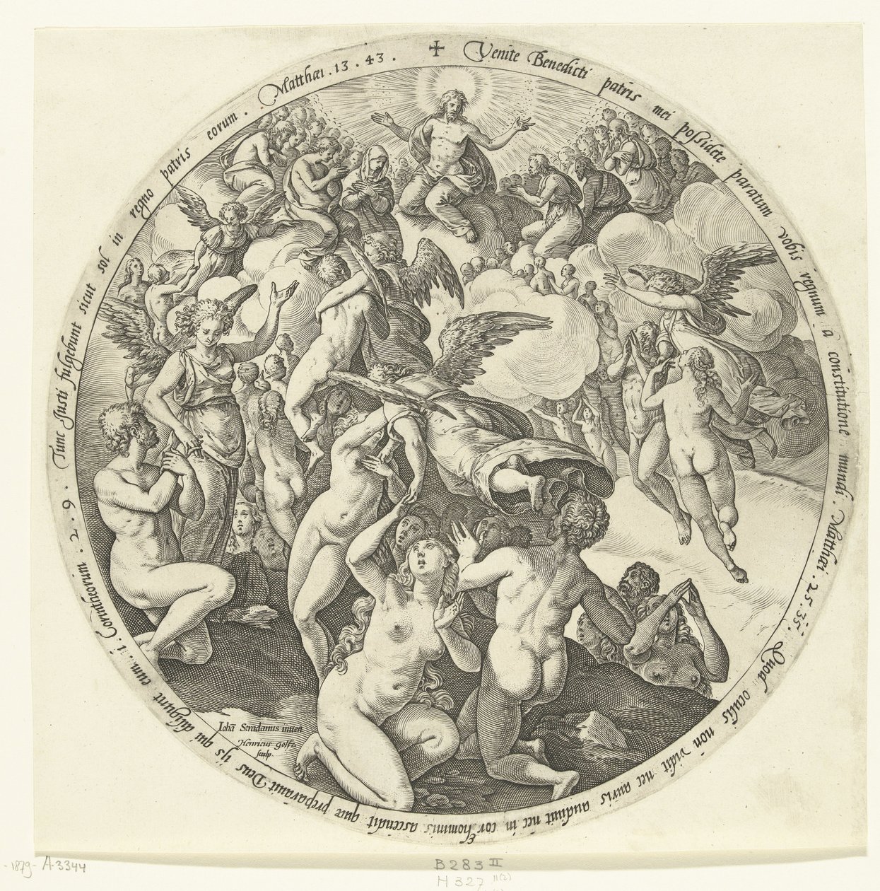 De gezegenden worden ontvangen in de hemel door Hendrick Goltzius