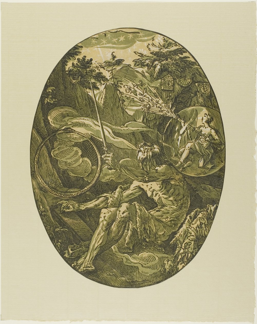 Demogorgon in de grot van de eeuwigheid, plaat één uit Demogorgon en de goden door Hendrick Goltzius
