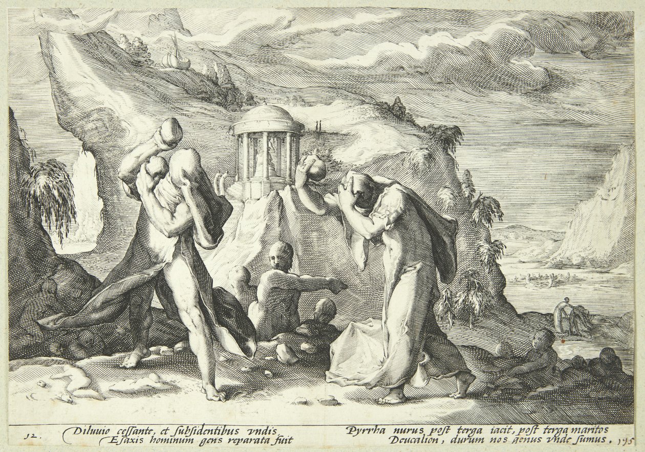 Deukalion en Pyrrha bevolken de wereld opnieuw door Hendrick Goltzius