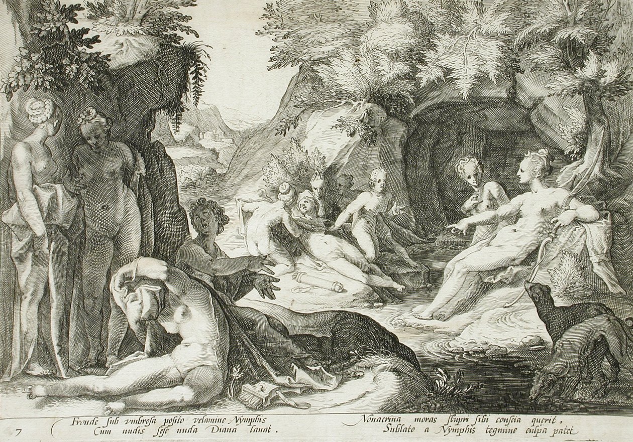 Diana en haar nimfen ontdekken dat Callisto zwanger is door Hendrick Goltzius