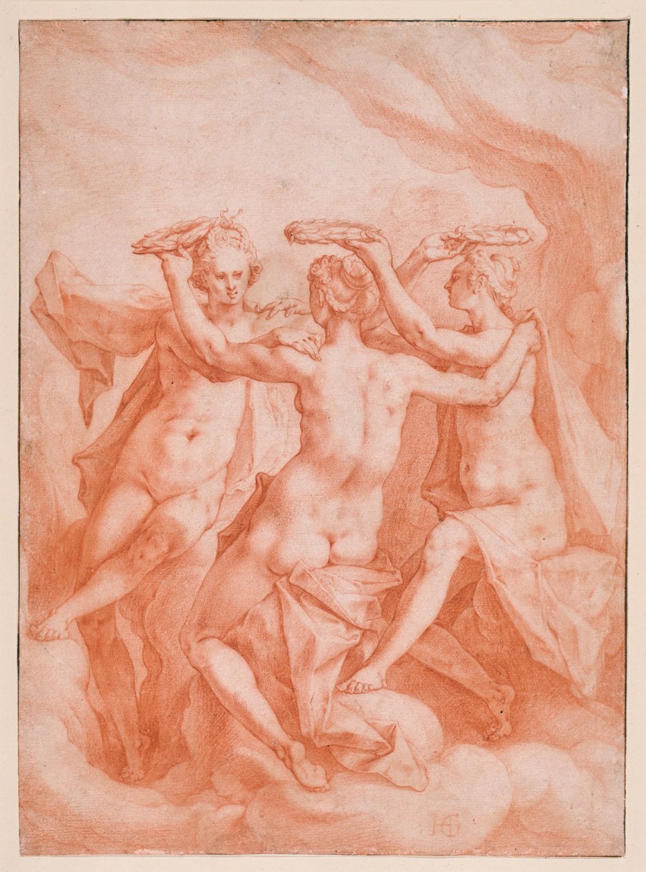 Die drei Grazien auf Wolken schwebend door Hendrick Goltzius