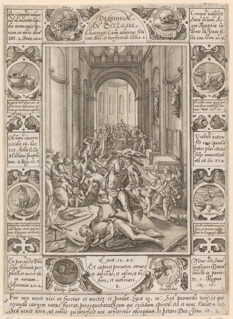 Dissidium in Ecclesia, blad 8 van de reeks „Allegorieën van het christelijk geloof” door Hendrick Goltzius