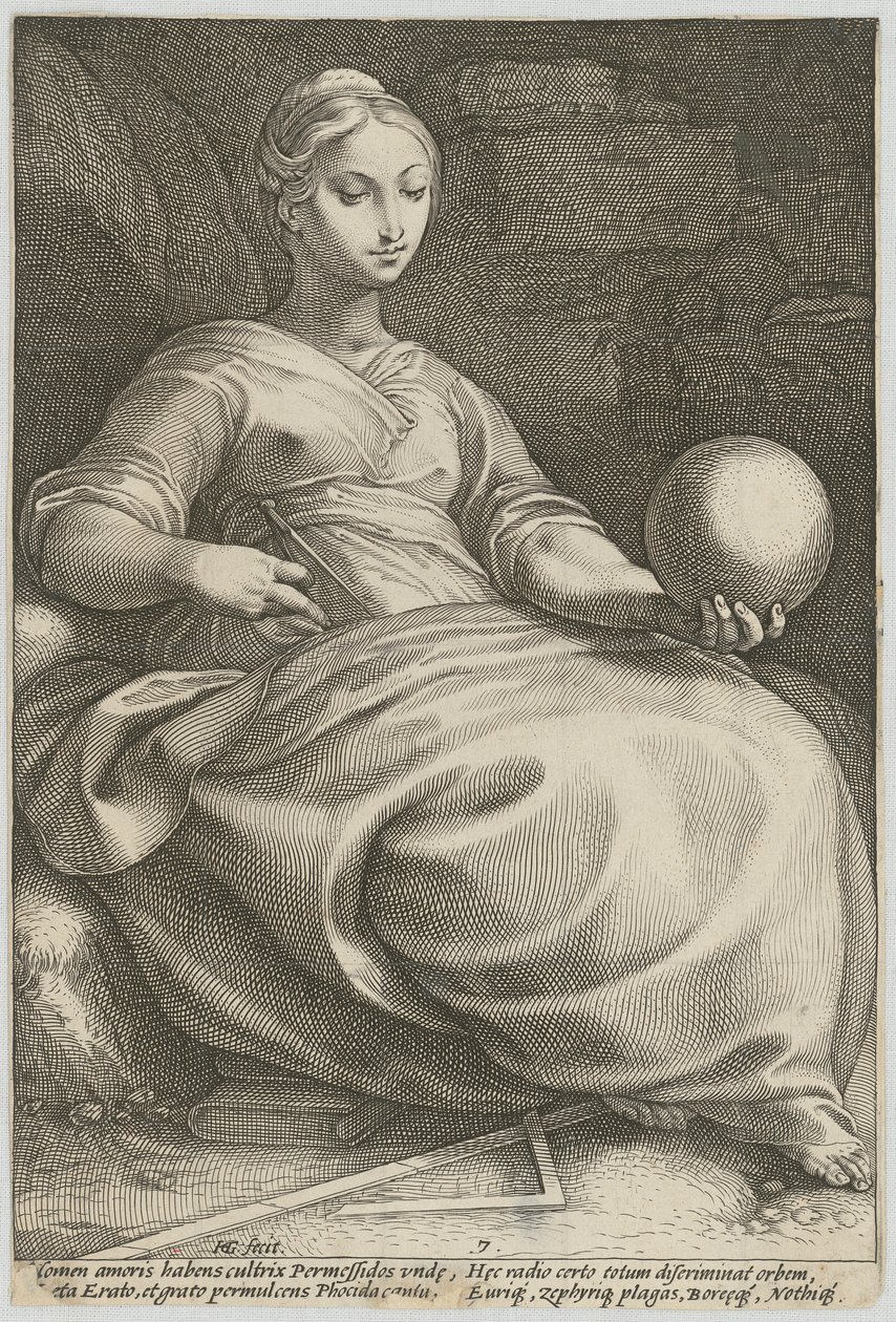 Erato, plaat 7 uit de serie "Negen Muzen" door Hendrick Goltzius