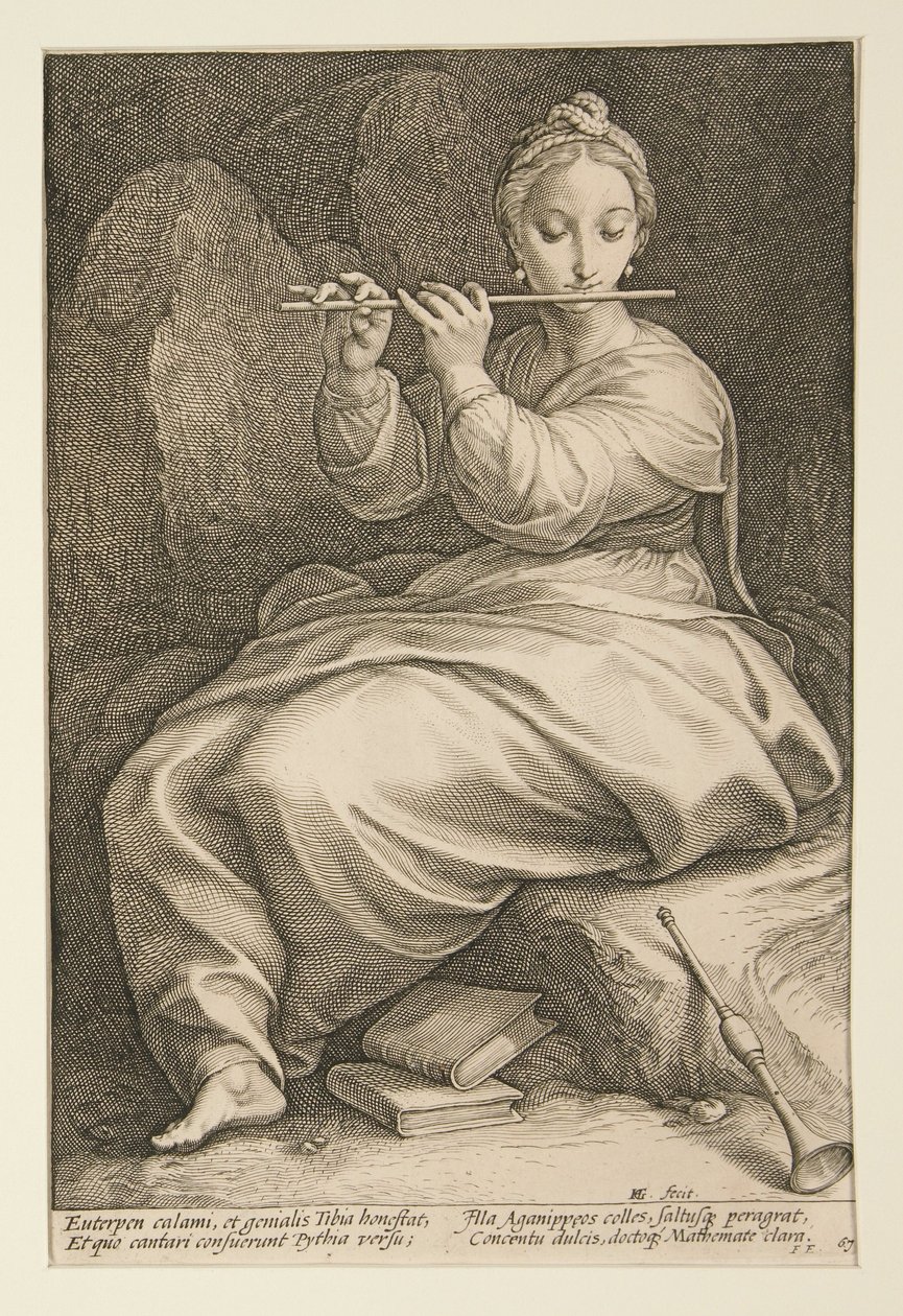 Euterpe, plaat 6 uit de serie De negen muzen door Hendrick Goltzius