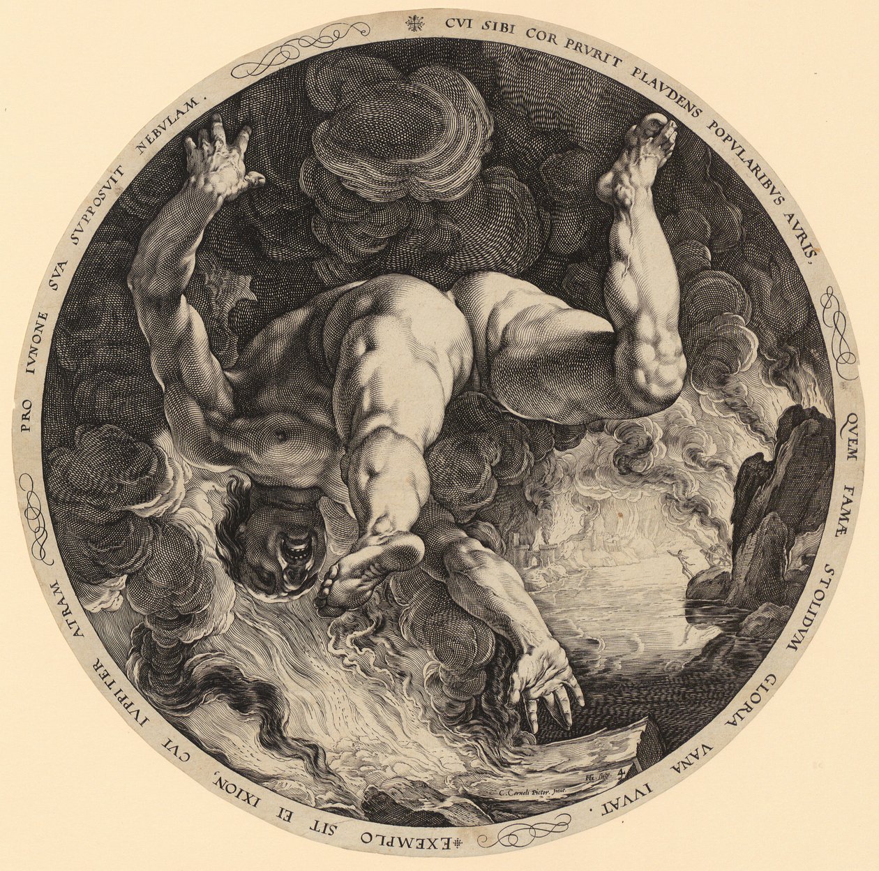 De val van Ixion, blad 4 van de reeks "De vier hemelbestormers" door Hendrick Goltzius