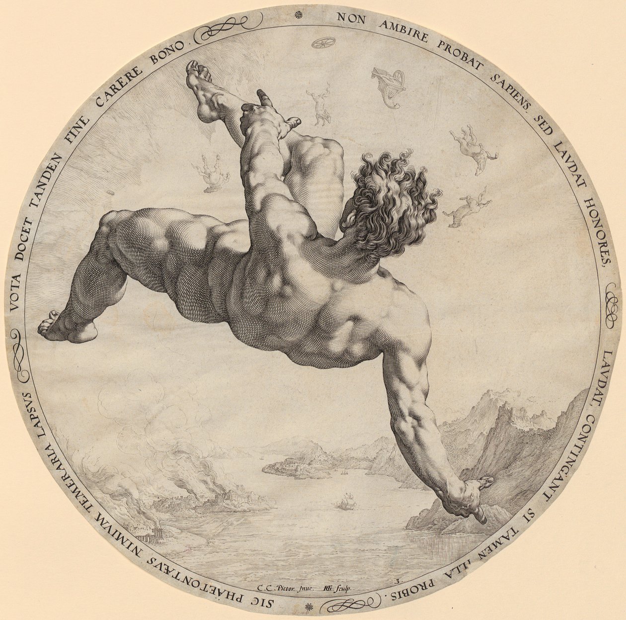 De val van Phaeton, blad 3 van de reeks "De vier hemelbestormers" door Hendrick Goltzius