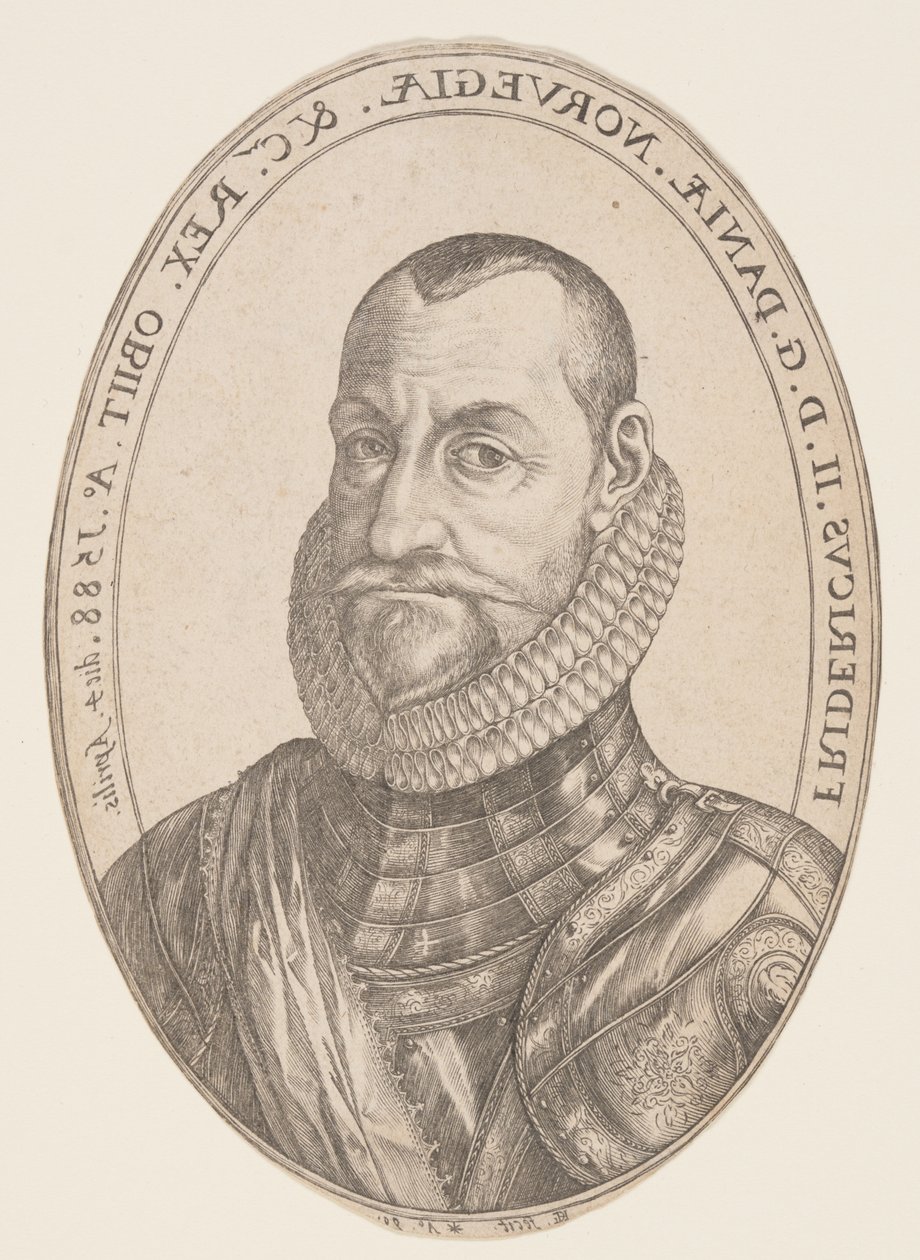 Frederik II, koning van Denemarken en Noorwegen door Hendrick Goltzius