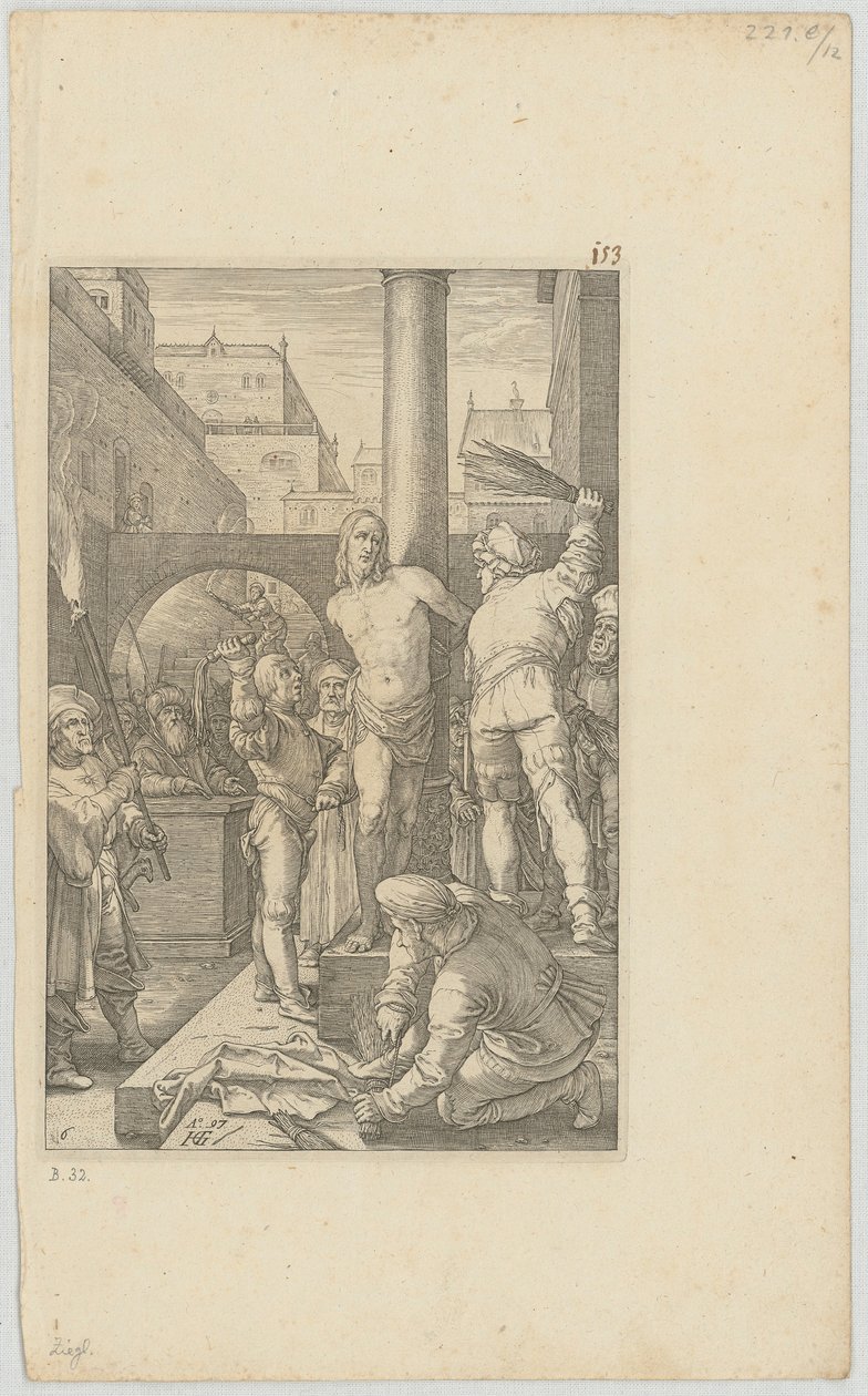 De geseling van Christus, blad 6 uit de serie „De Passie“ door Hendrick Goltzius