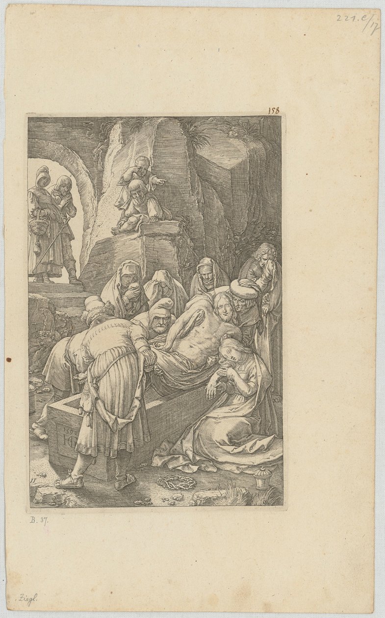 Begrafenis, blad 11 uit de serie „De Passie“ door Hendrick Goltzius