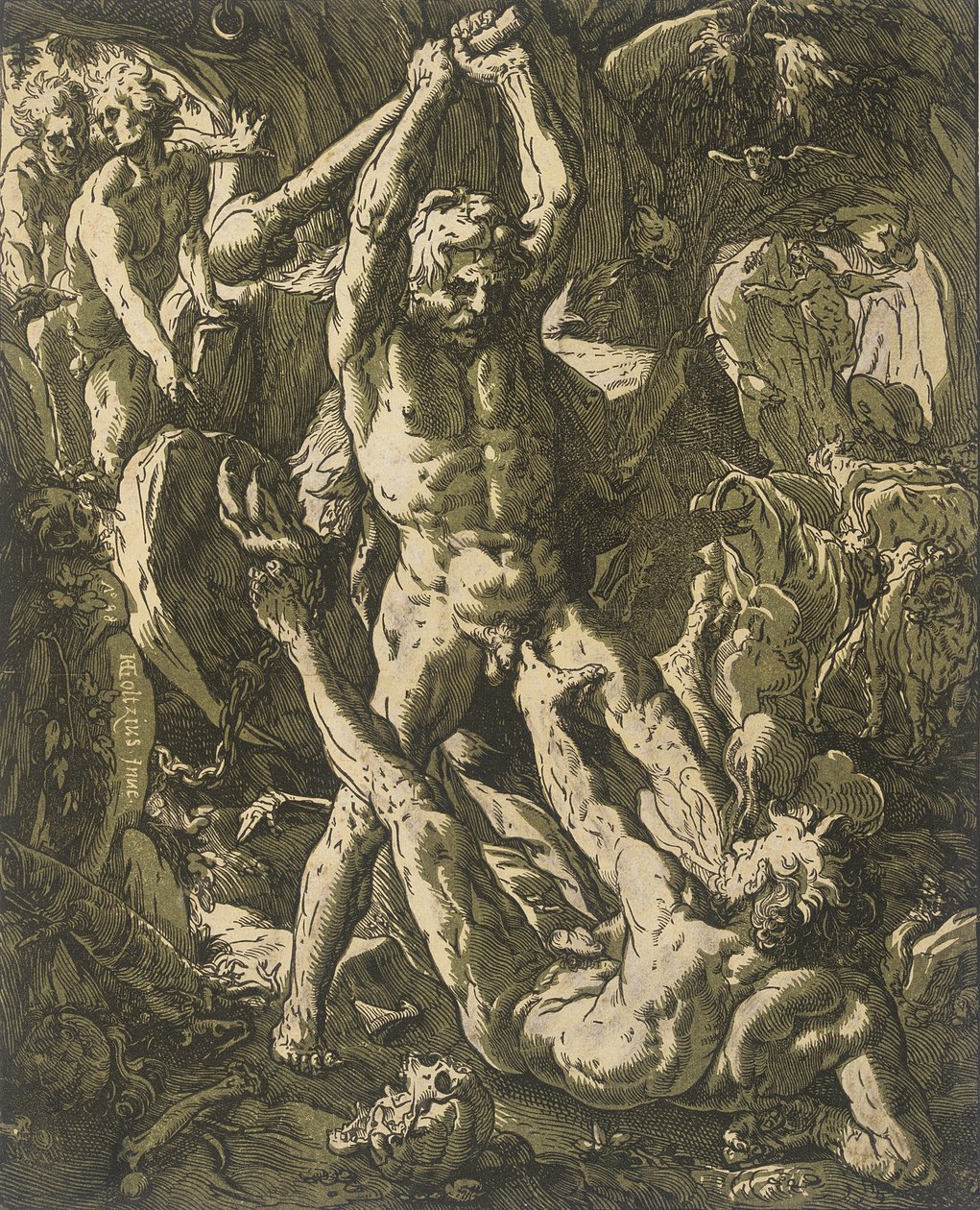 Hercules doodt Cacus door Hendrick Goltzius