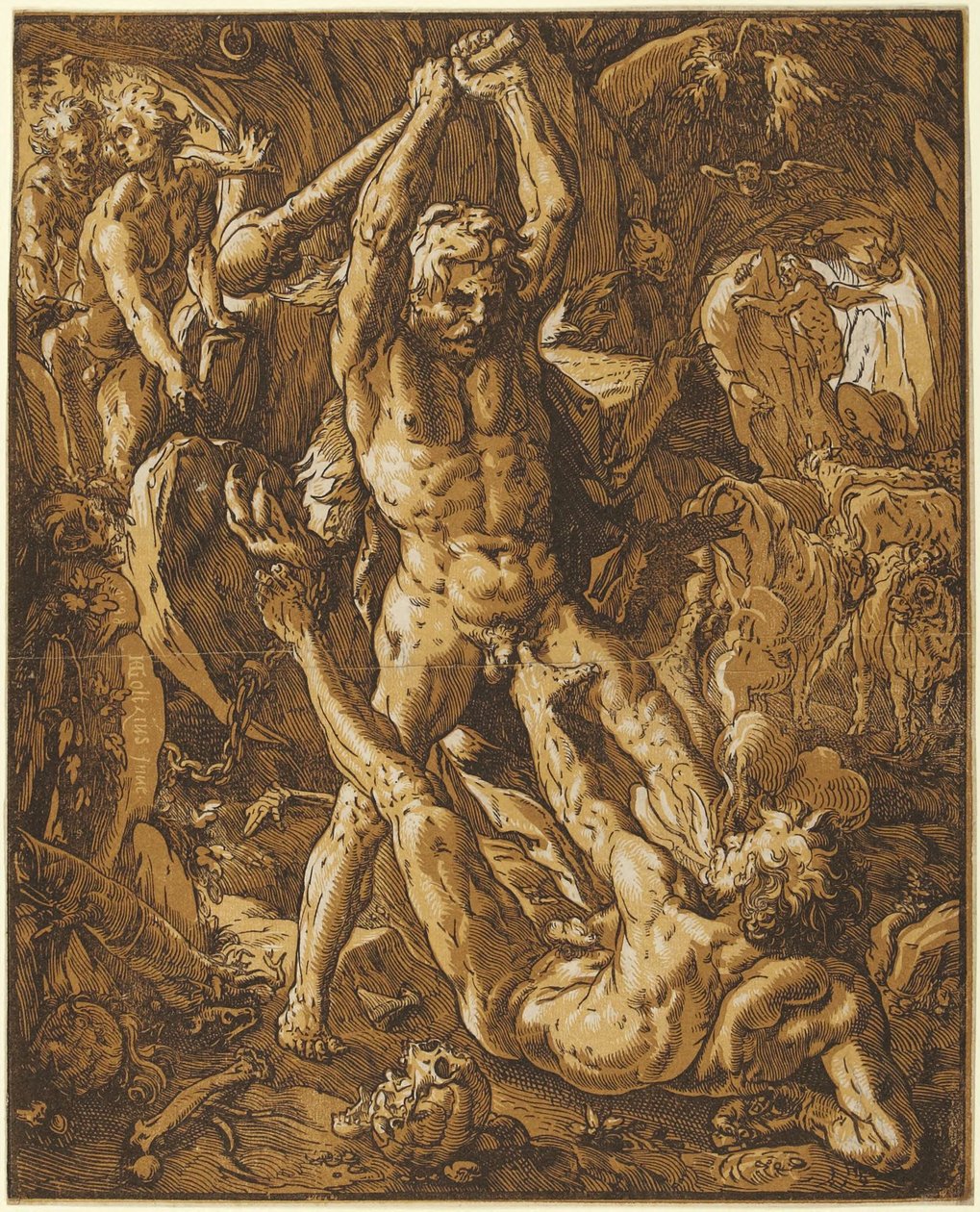 Hercules doodt Cacus door Hendrick Goltzius