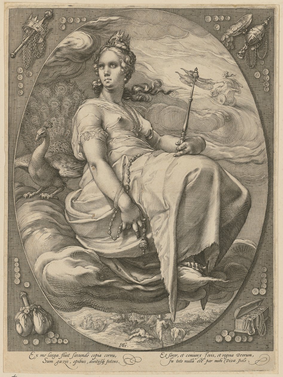 Juno, blad 3 van de serie „Drie godinnen“ door Hendrick Goltzius