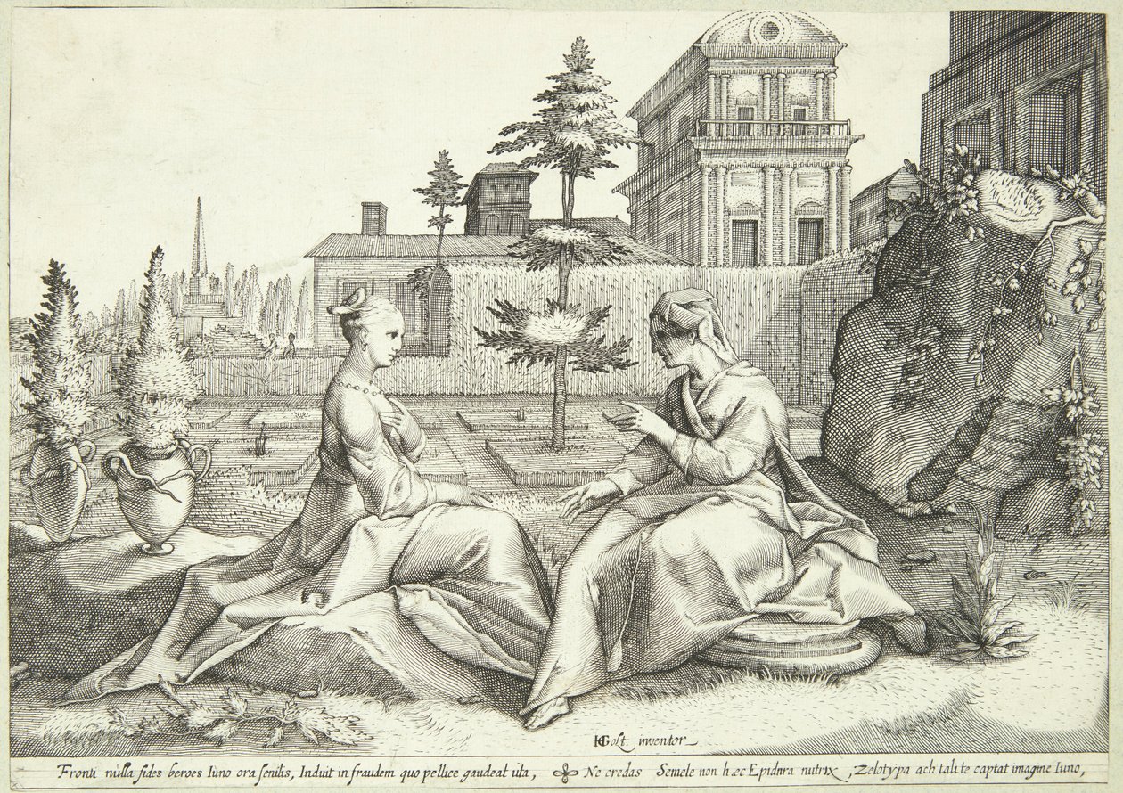 Juno vermomd als Beroë waarschuwt Semele door Hendrick Goltzius