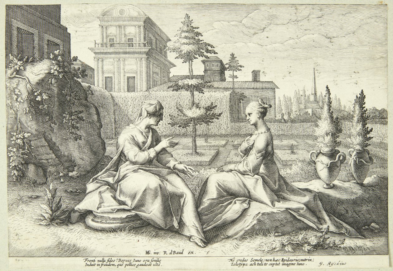 Juno vermomd als Beroë waarschuwt Semele door Hendrick Goltzius