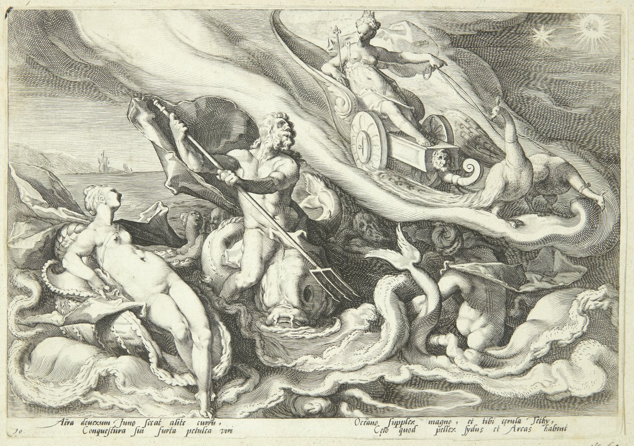 Juno klaagt over Kallisto bij Okeanos en Tethys door Hendrick Goltzius