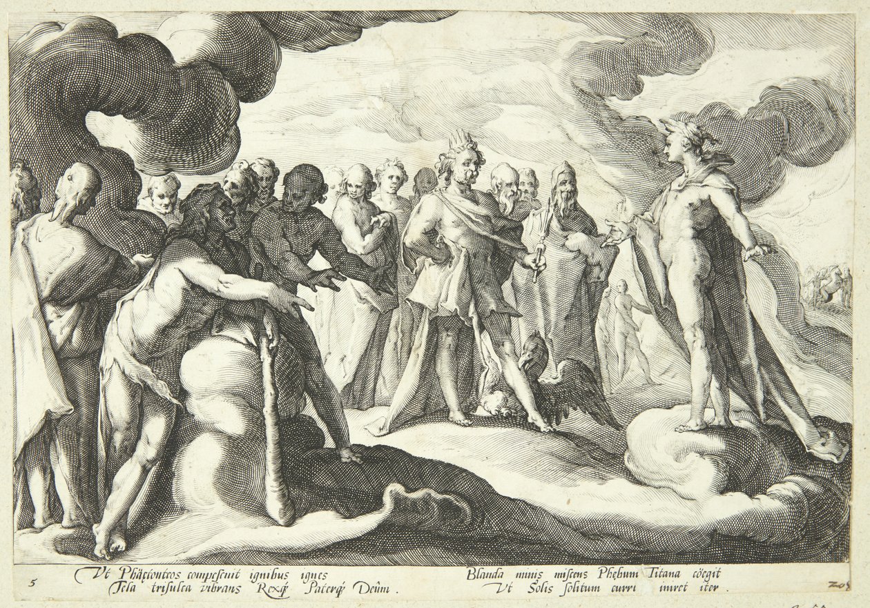 Jupiter en de goden vragen Helios om de controle over de zonnewagen te hervatten door Hendrick Goltzius