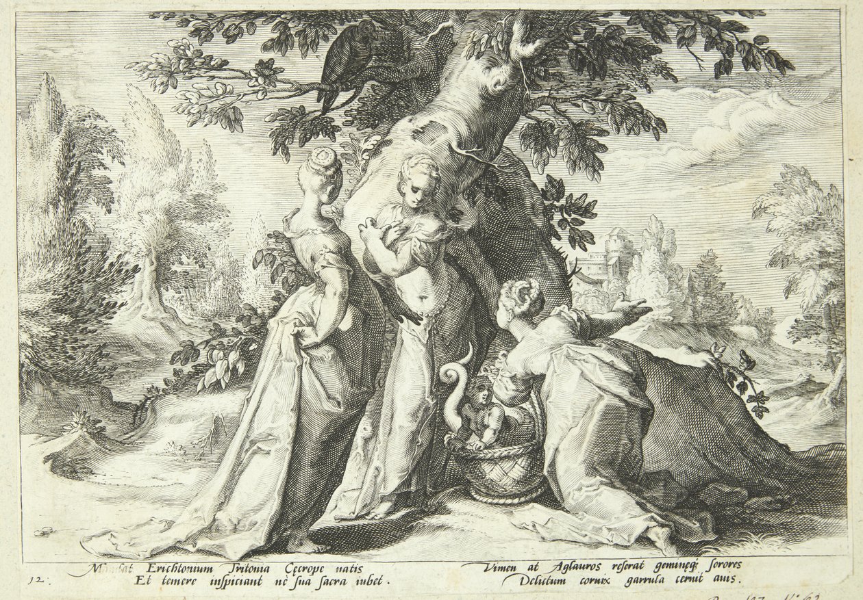 De dochters van Kekrops openen de mand die hen door Minerva is toevertrouwd door Hendrick Goltzius