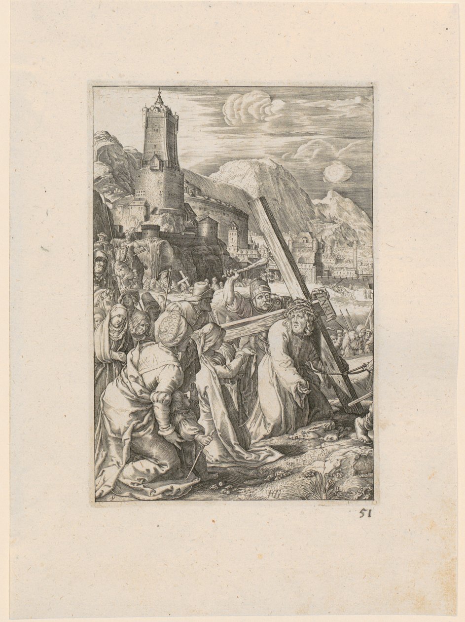 Het dragen van het kruis, blad 9 uit de serie „De Passie“ door Hendrick Goltzius