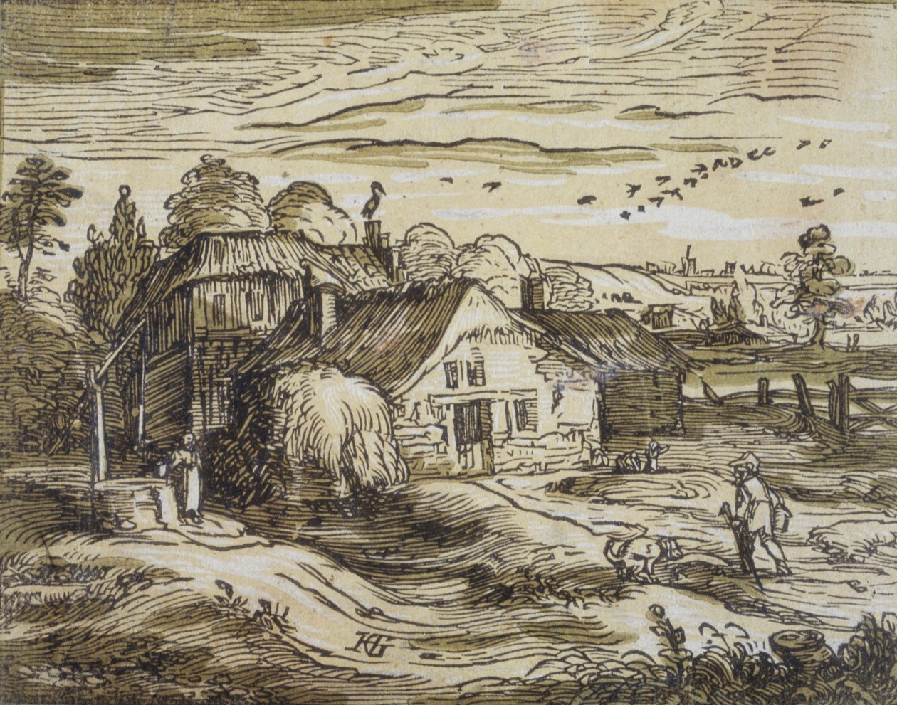Landschap met boerenwoning door Hendrick Goltzius