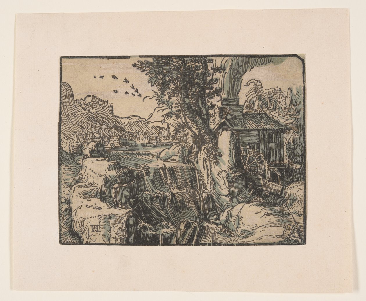 Landschap met waterval door Hendrick Goltzius