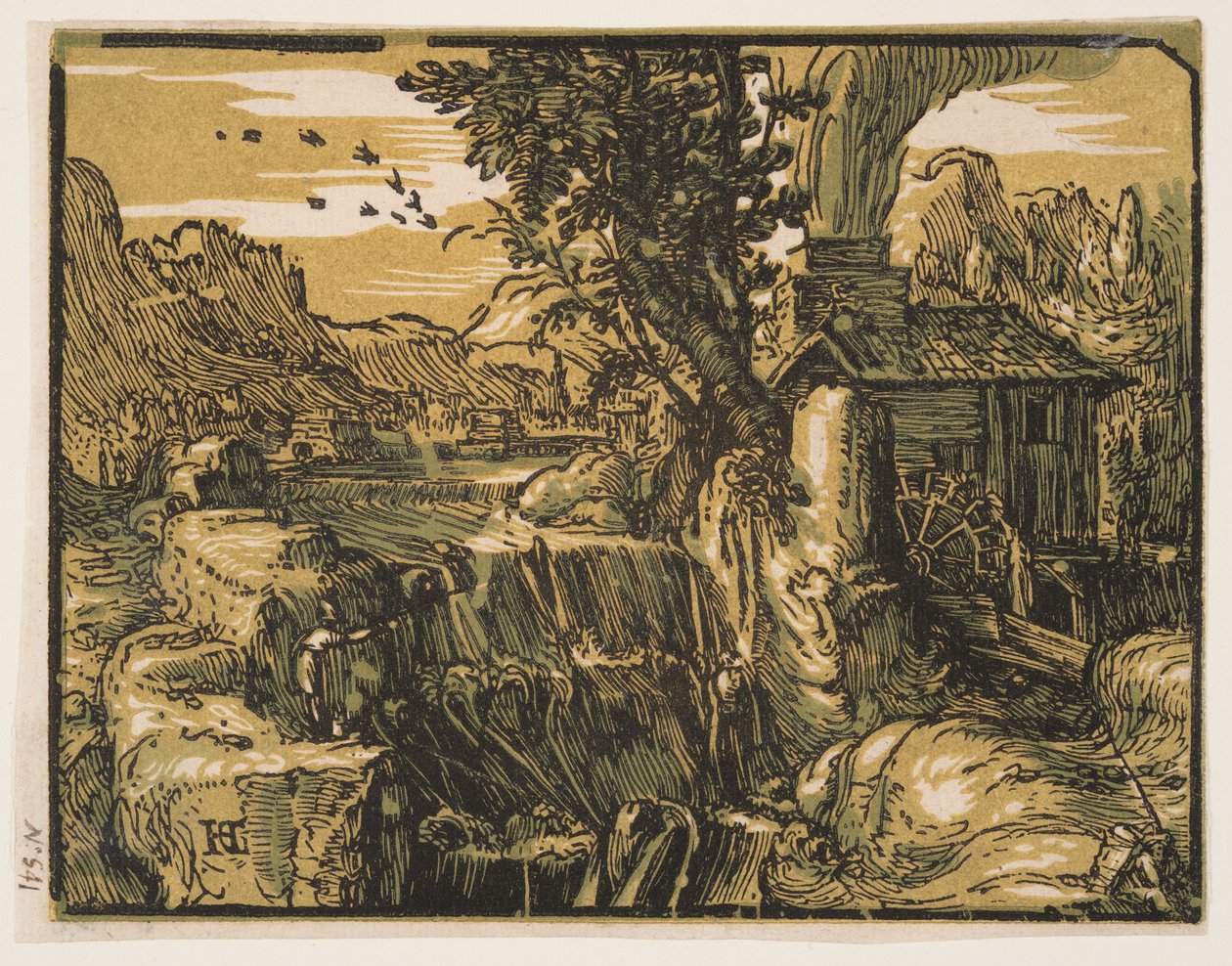 Landschap met waterval door Hendrick Goltzius