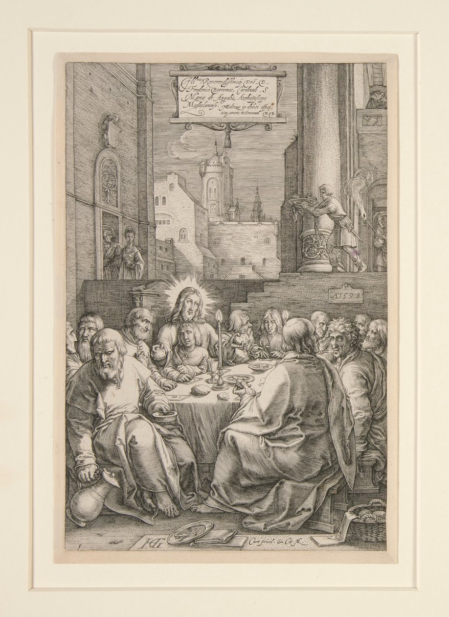 Laatste Avondmaal, uit De Passie, nr.1 in een serie van 12 gravures door Hendrick Goltzius