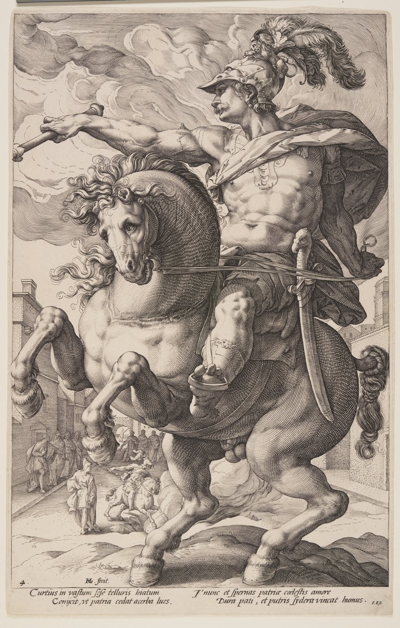 Marcus Curtius te paard, uit De Romeinse Helden door Hendrick Goltzius