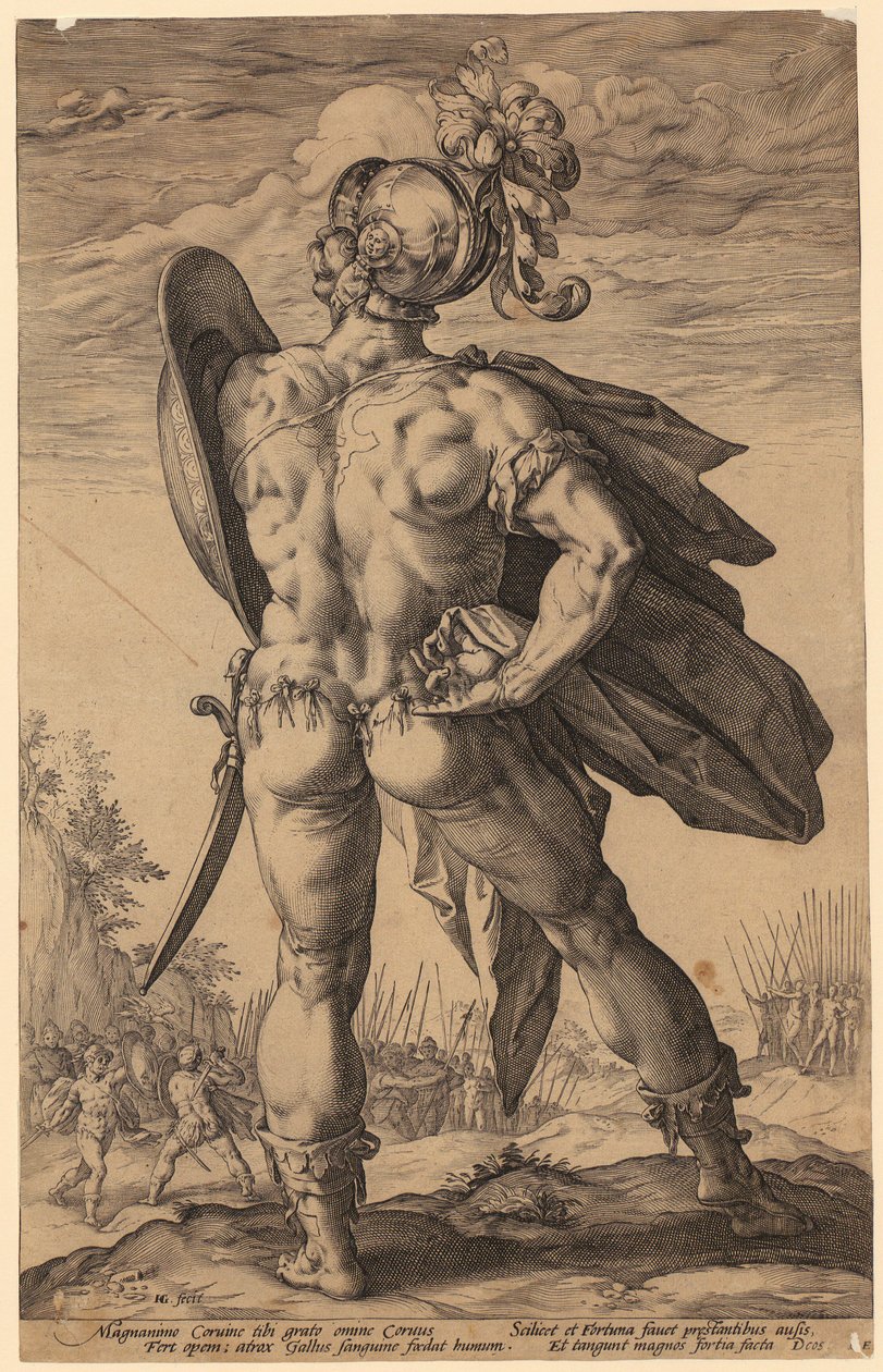 Marcus Valerius Corvus, blad 6 uit de serie „Romeinse helden“ door Hendrick Goltzius