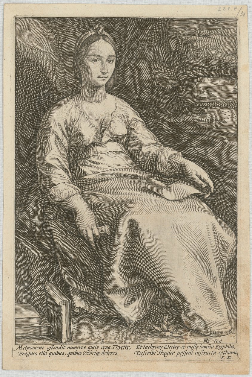 Melpomene, blad 3 uit de serie "Negen Muzen" door Hendrick Goltzius