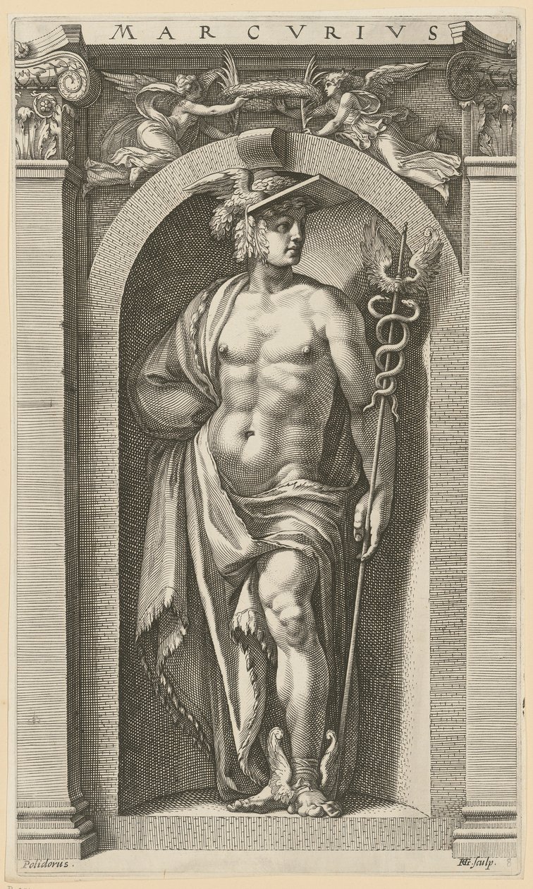 Mercurius, blad 8 uit de serie „Acht antieke goden” door Hendrick Goltzius