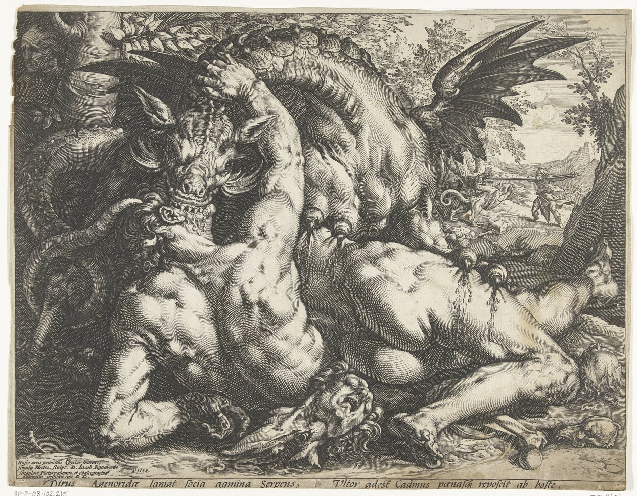 Metgezellen van Cadmus door een draak verslonden door Hendrick Goltzius