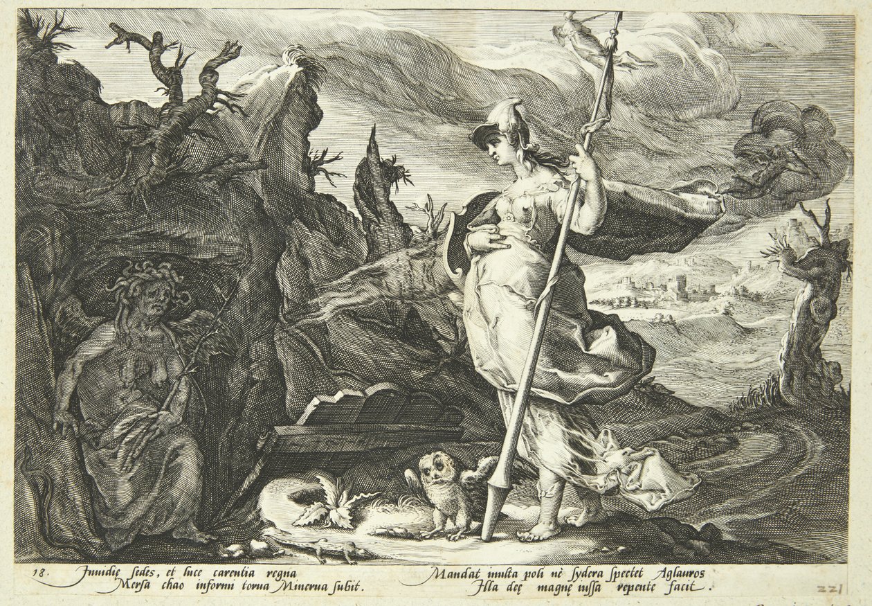 Minerva beveelt afgunst om het hart van Agraulos met jaloezie te vullen door Hendrick Goltzius