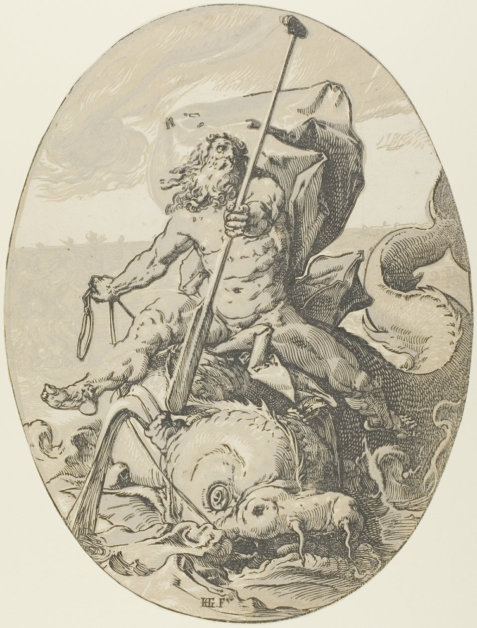 Oceanus, plaat twee uit Demogorgon en de goden door Hendrick Goltzius